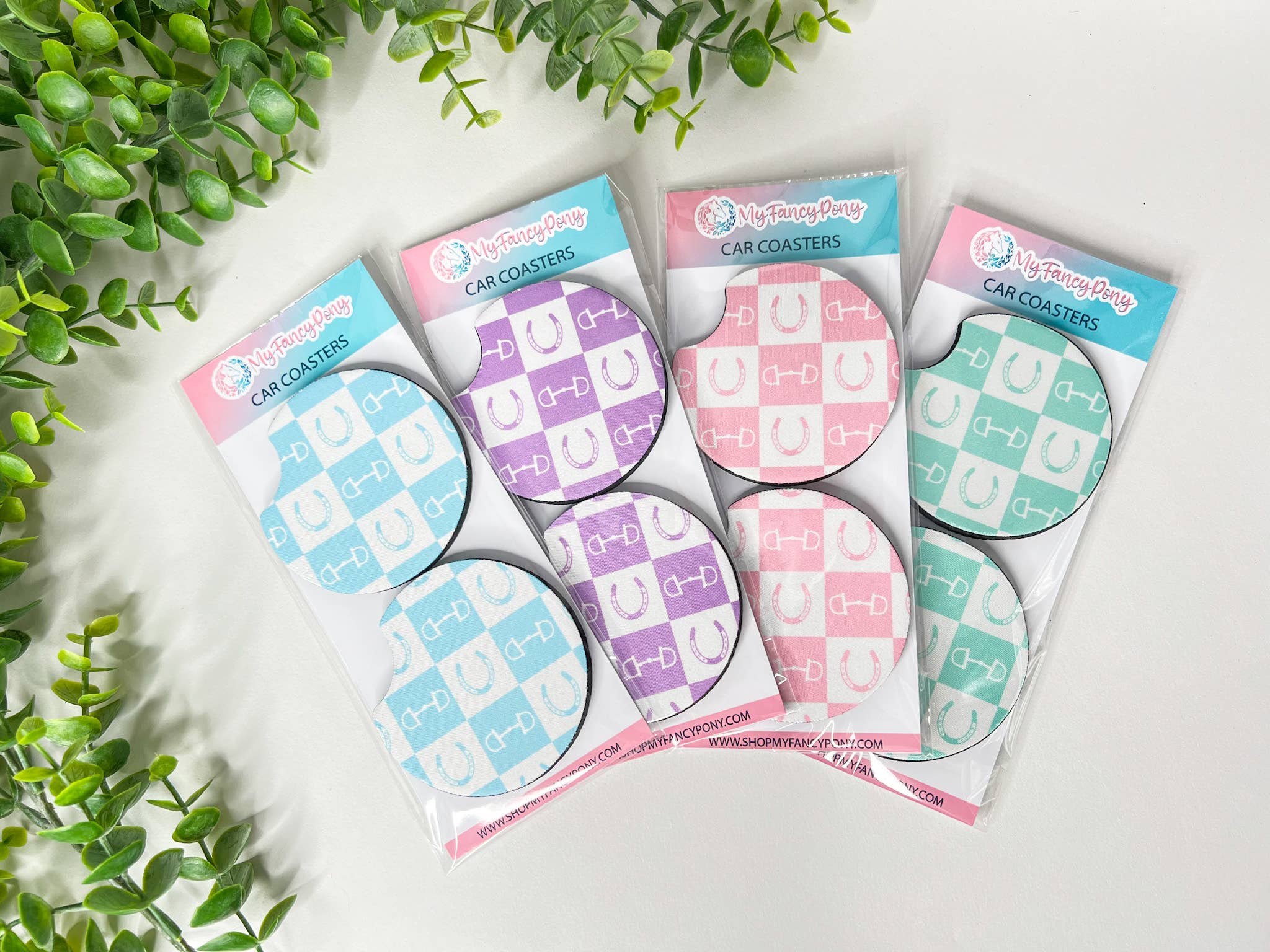 Checkered Equestrian Neoprene Car Coasters – Set of 2 - Image 1