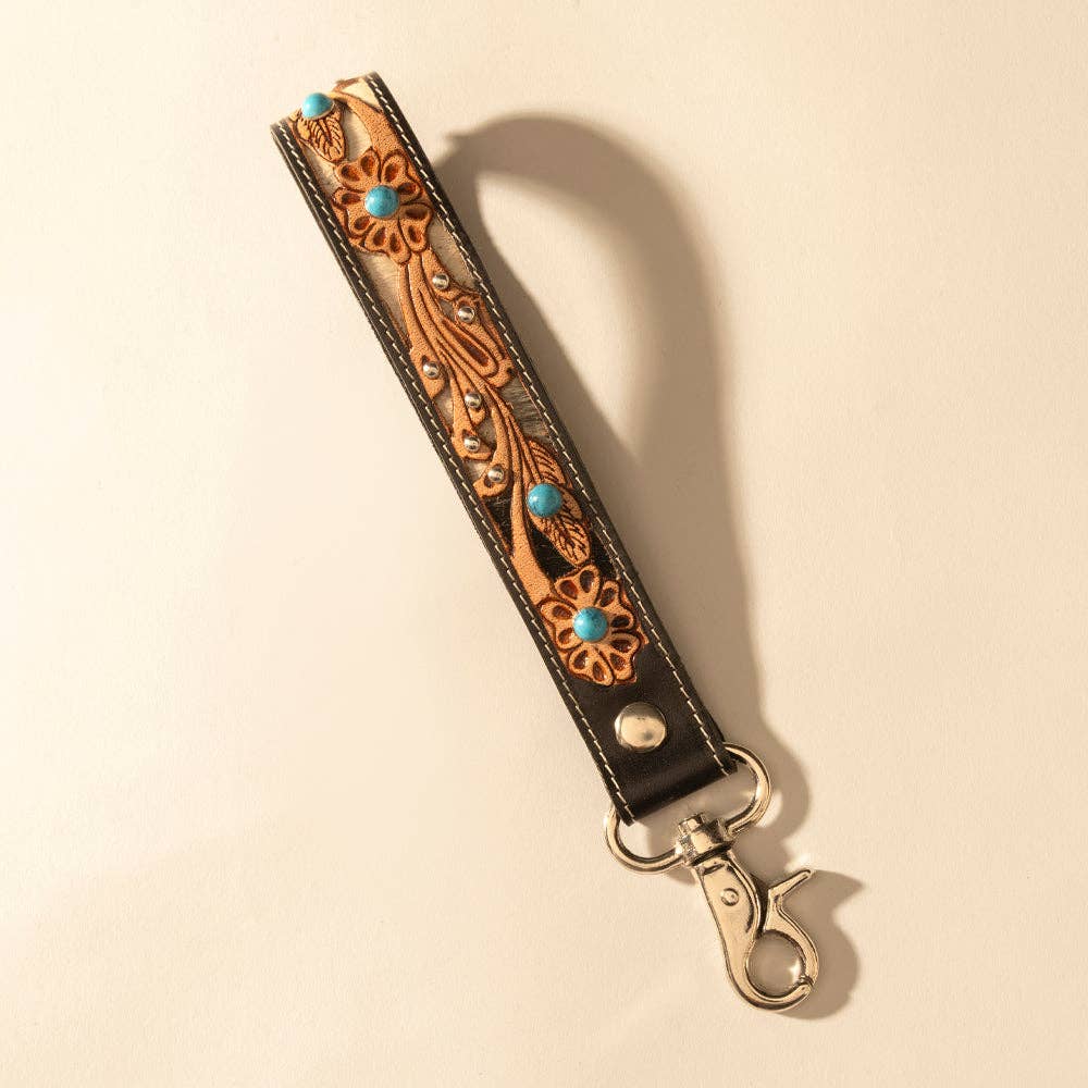River Glen Handtooled Hairon Leather Key Fob in Espresso Turquoise - Image 1