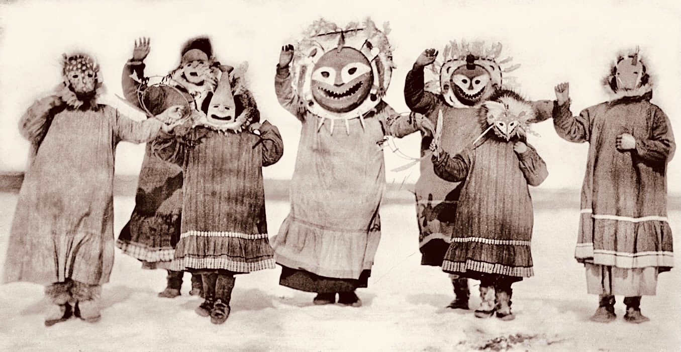 Dancing Yup’ik missionary sisters embody different nature spirits, circa 1920. (Leonard Kamerling / Oregon Province Jesuit Archives)