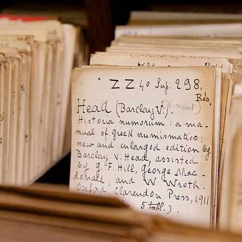 Index card reading (in part) Head (Barclay V) Historia numorum: or ma....