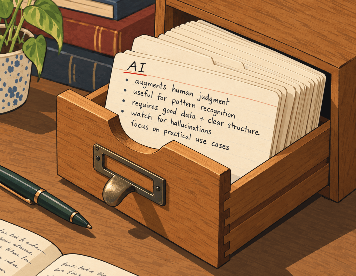 AI generated illustration of a wooden card box, or Zettelkasten, with a note card reading "AI: augments human judgement, useful for pattern recognition, requires good data and structure"