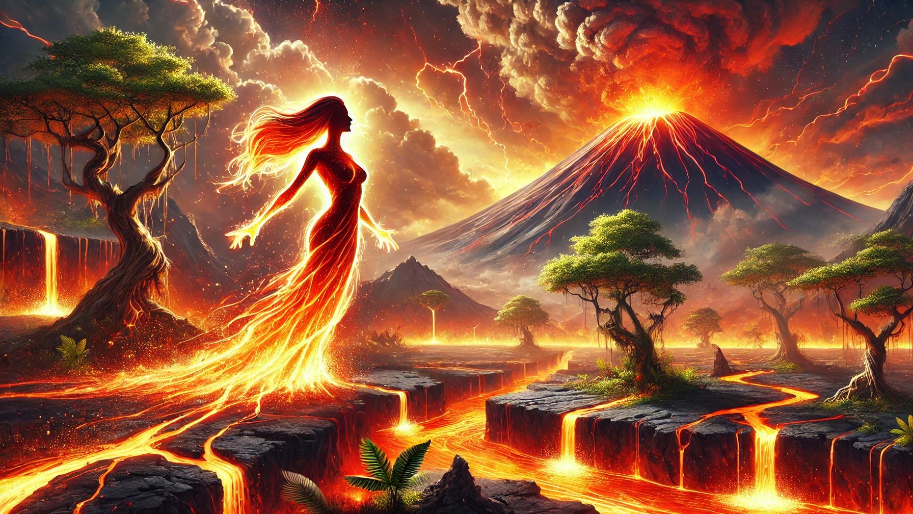 The goddess Pele emerging from a landscape of volcanic rock and lush tropical trees.