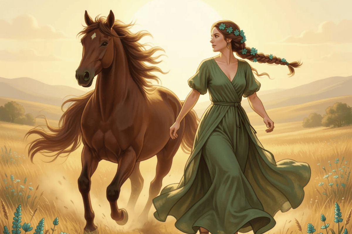 Epona and a wild horse running freely through an open field under a vast sky.
