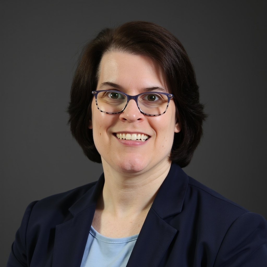 Headshot of Kerry Ann Wiley wearing glasses and a navy blazer against a gray background.