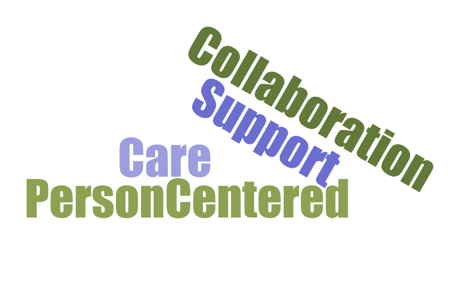 Word cloud reading Collaboration, Support, Care, and Person Centered.