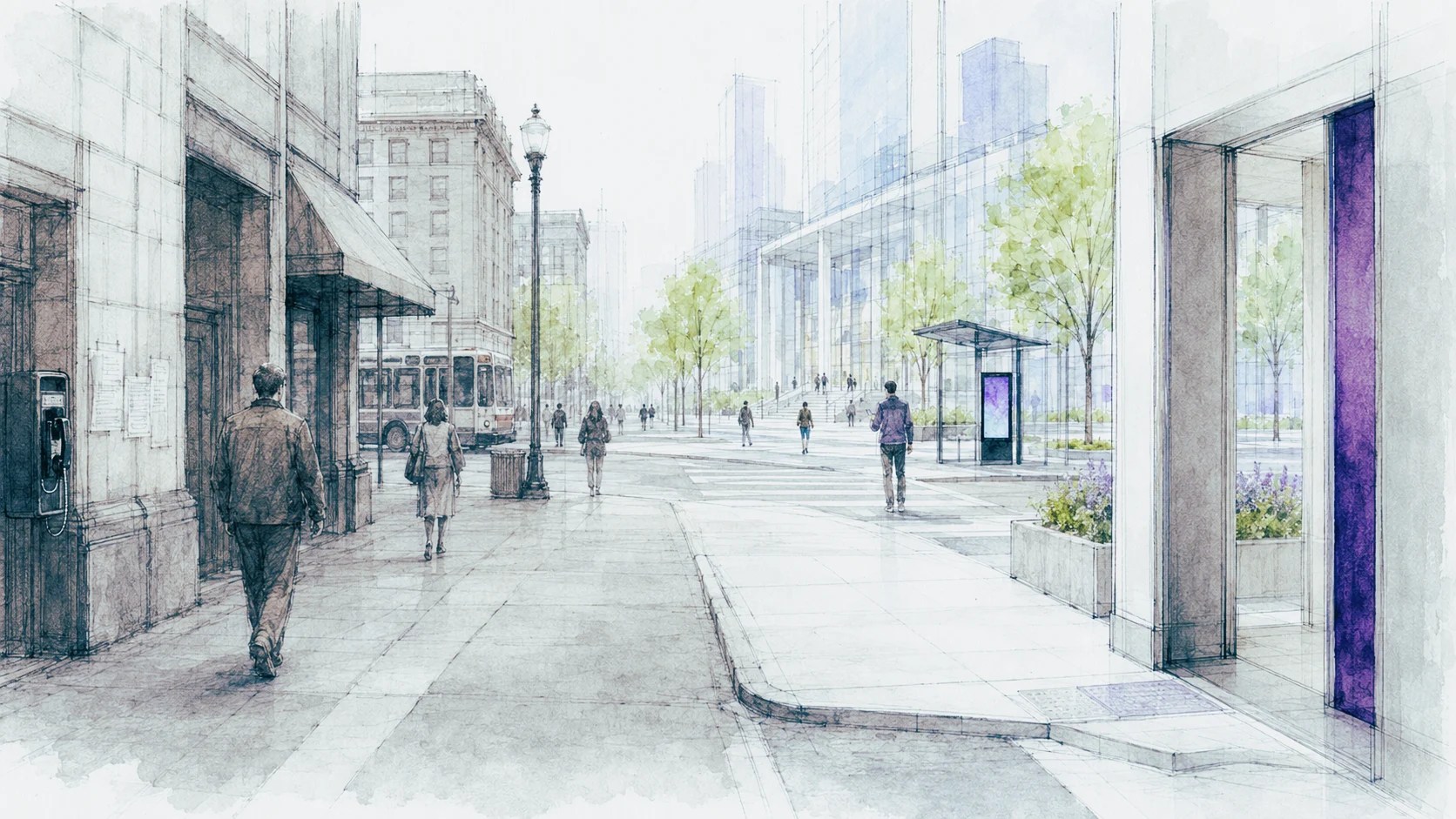 Watercolor city street with pedestrians, a curb ramp, transit stop, and a step-free building entrance marked in purple.