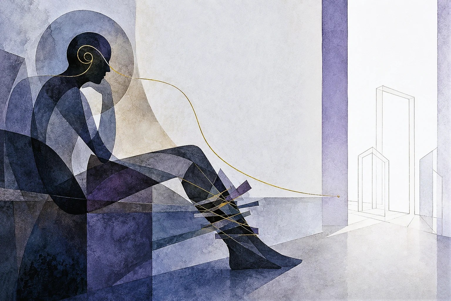 Abstract illustration of a seated figure reaching toward a shoe, with a thin gold line connecting the head, hand, and shoe.
