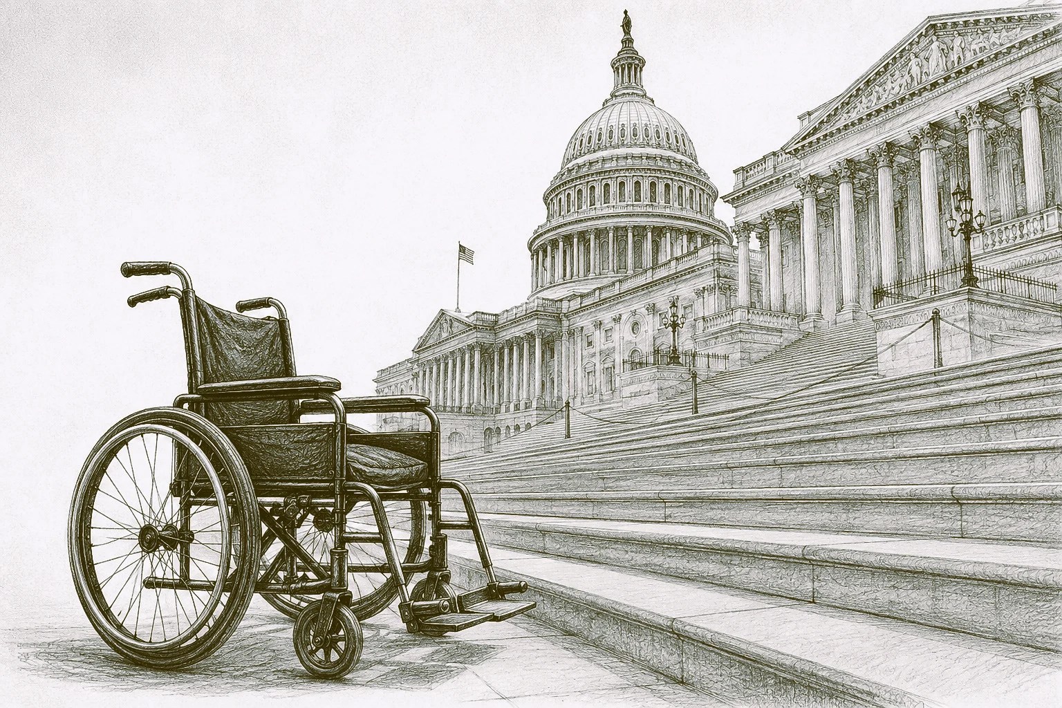 Black-and-white illustration of an empty wheelchair at the base of the U.S. Capitol steps.