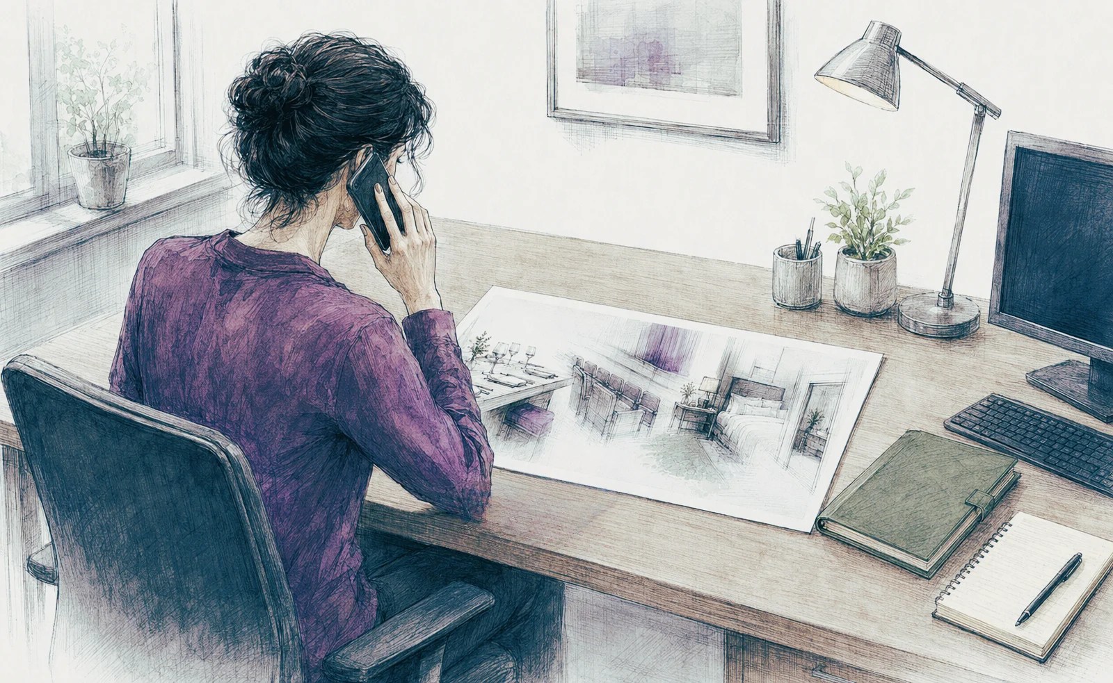 Watercolor illustration of a person seated at a desk on the phone, reviewing an architectural floor plan beside a computer and notebook.