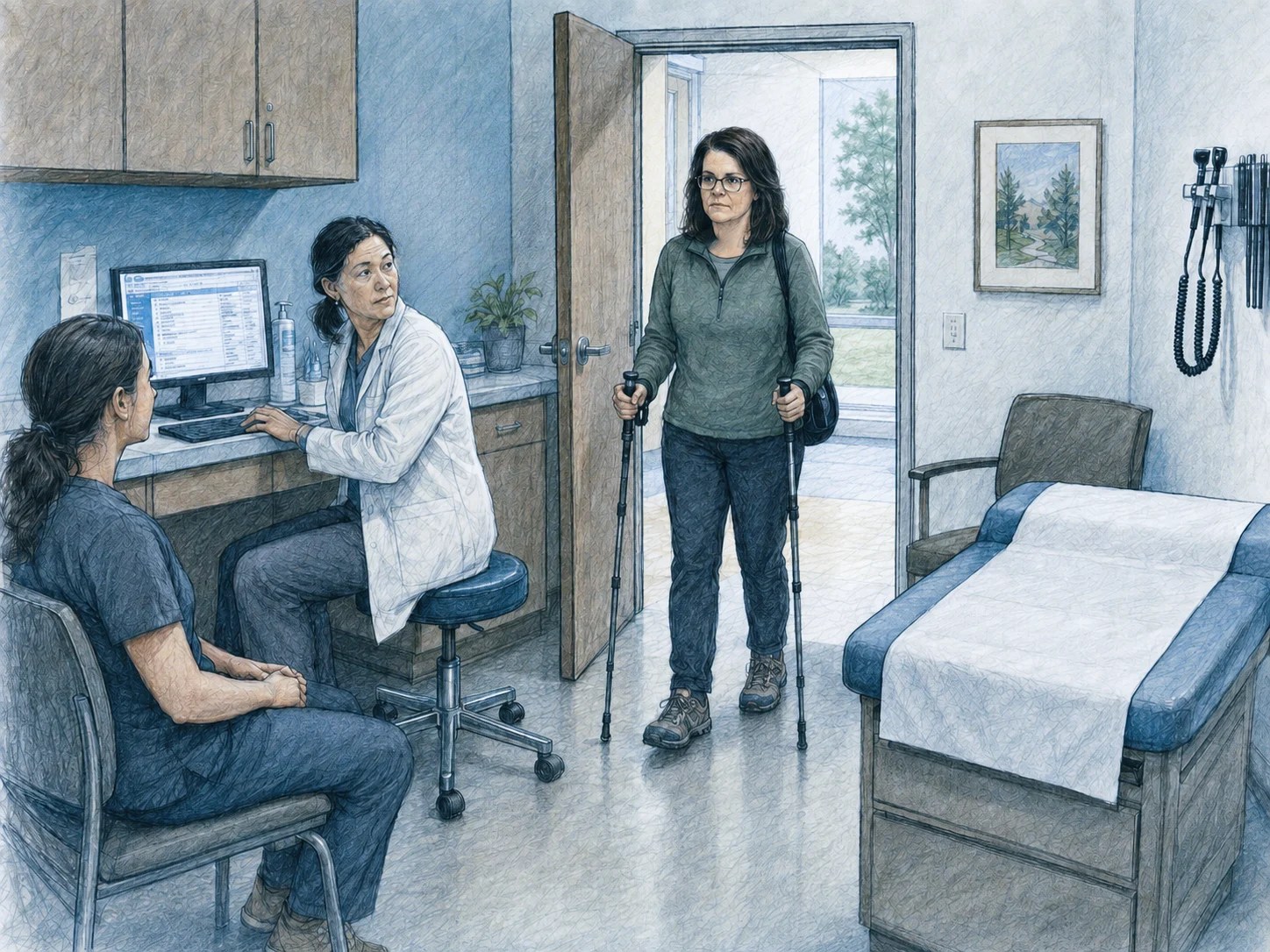 Pencil illustration of a woman using forearm crutches entering an examination room while two clinicians look toward her.