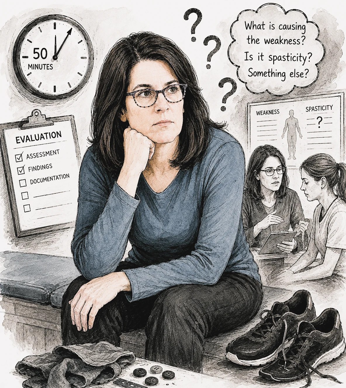 Illustration of a thoughtful woman surrounded by a 50-minute clock, an unfinished evaluation checklist, medical questions, buttons, and shoes.