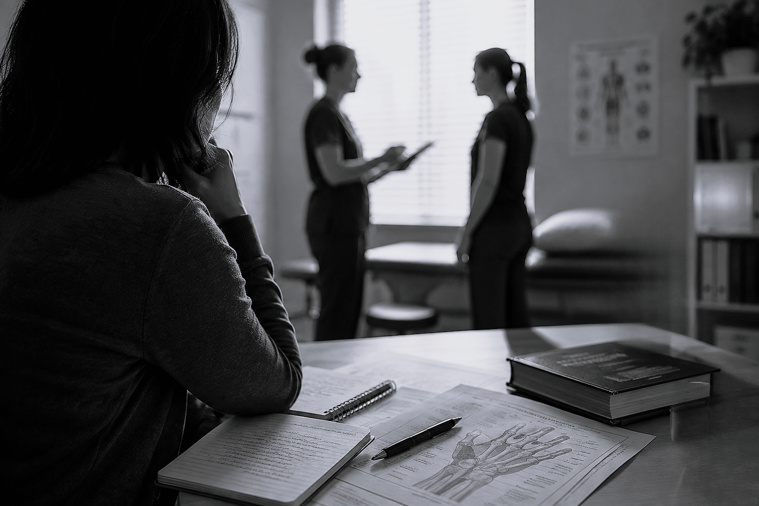 Black-and-white image of a woman taking notes beside a hand anatomy diagram while two clinicians talk in the blurred background.