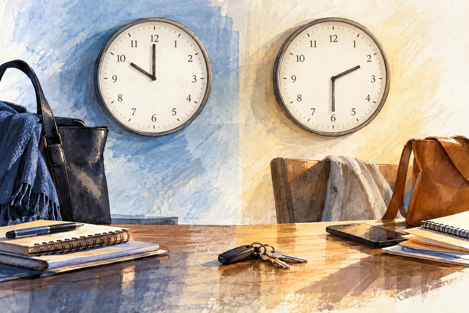 Two clocks mark a shift from 10:00 to 2:30, with bags, keys, notebooks, and a phone suggesting disrupted plans.