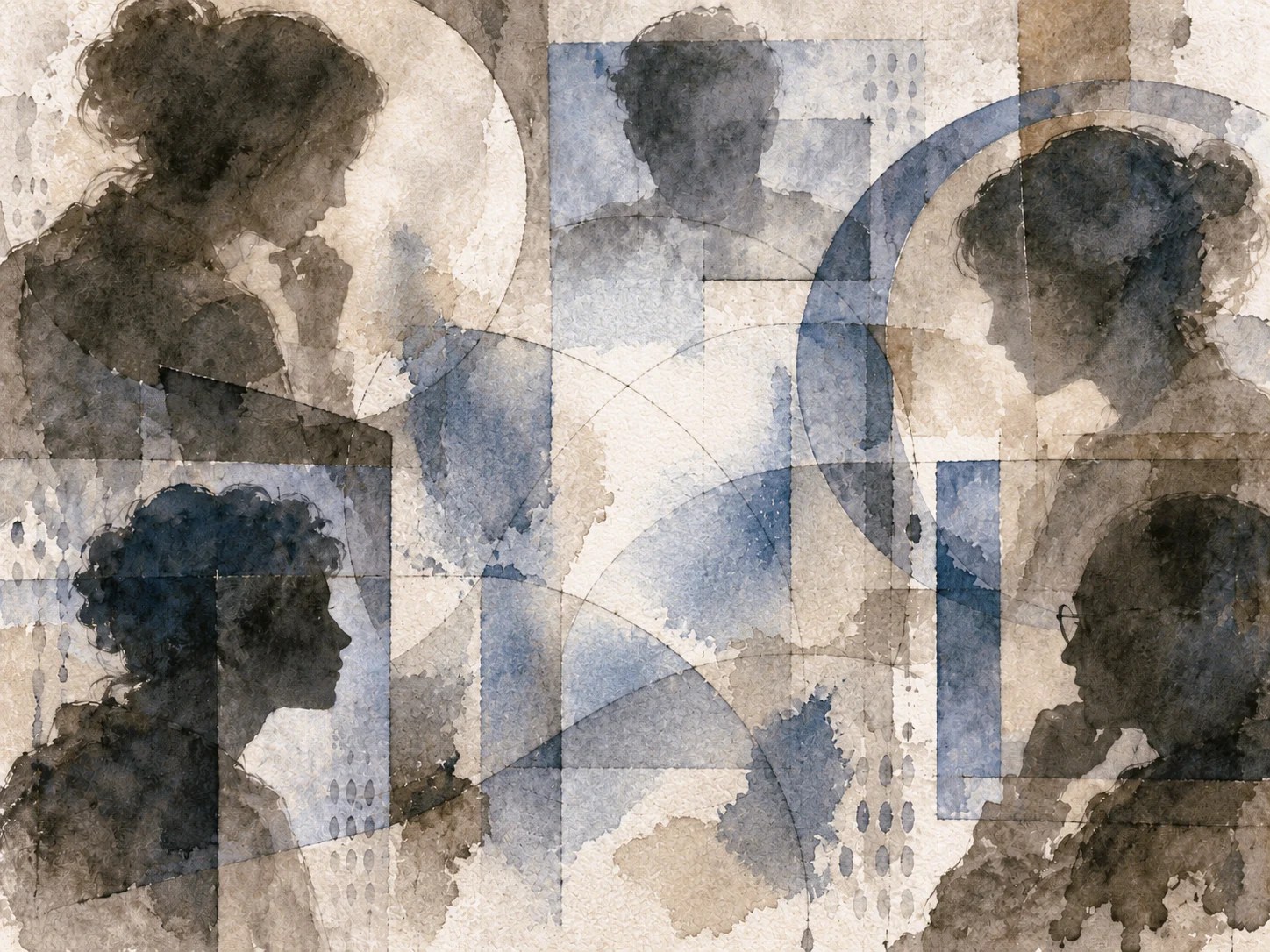 Abstract gray and muted blue watercolor with layered human silhouettes and geometric forms, suggesting multiple perspectives and interpretation.