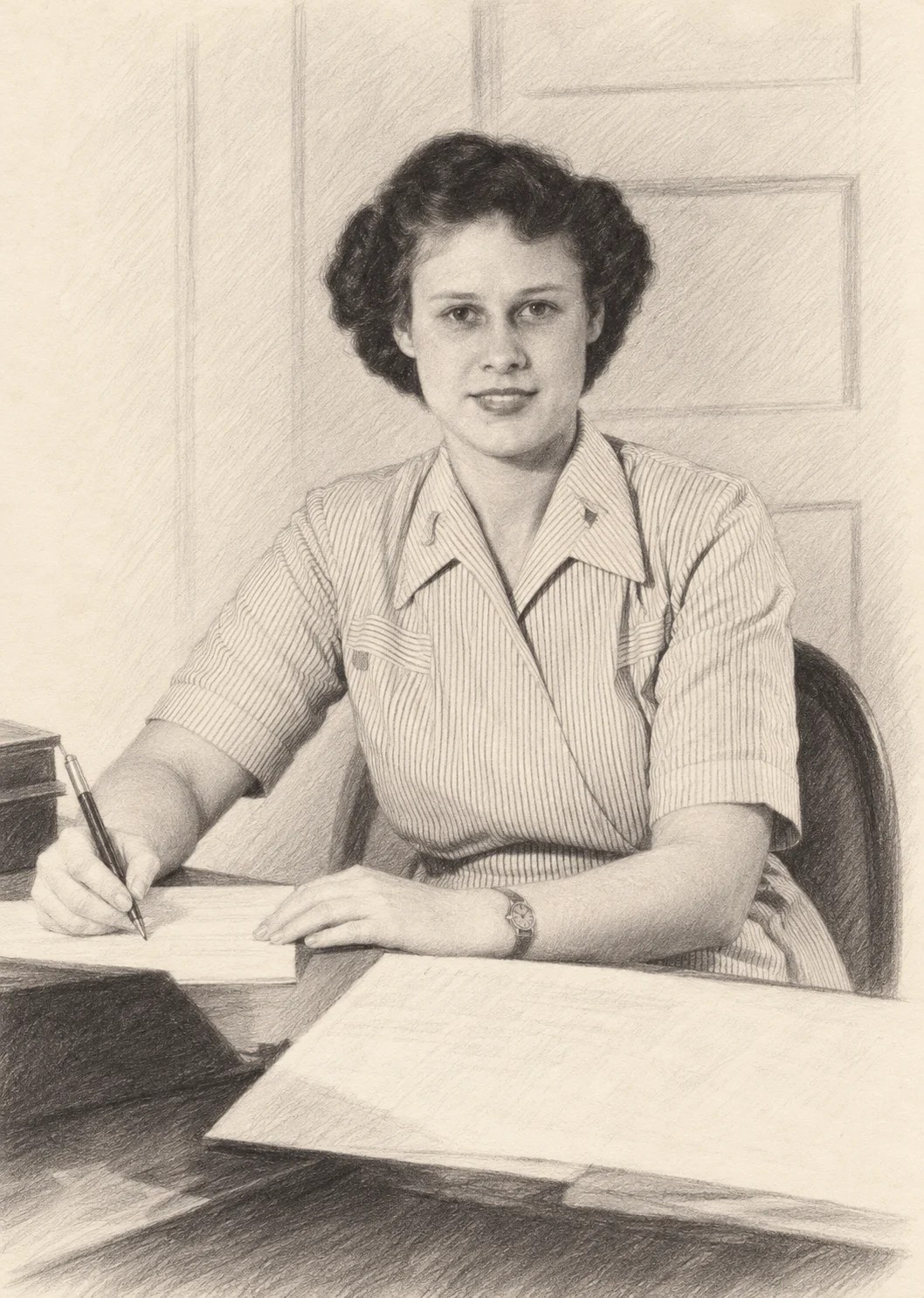 Sketch of Stella seated at a desk, writing beside an open book.