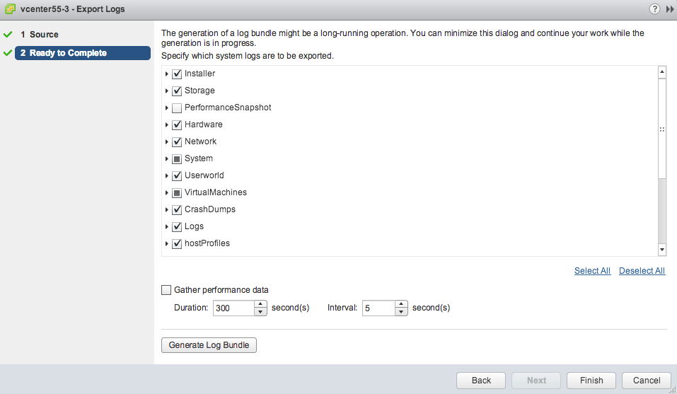 How to generate specific support log bundles for vCenter & ESXi using vSphere API?