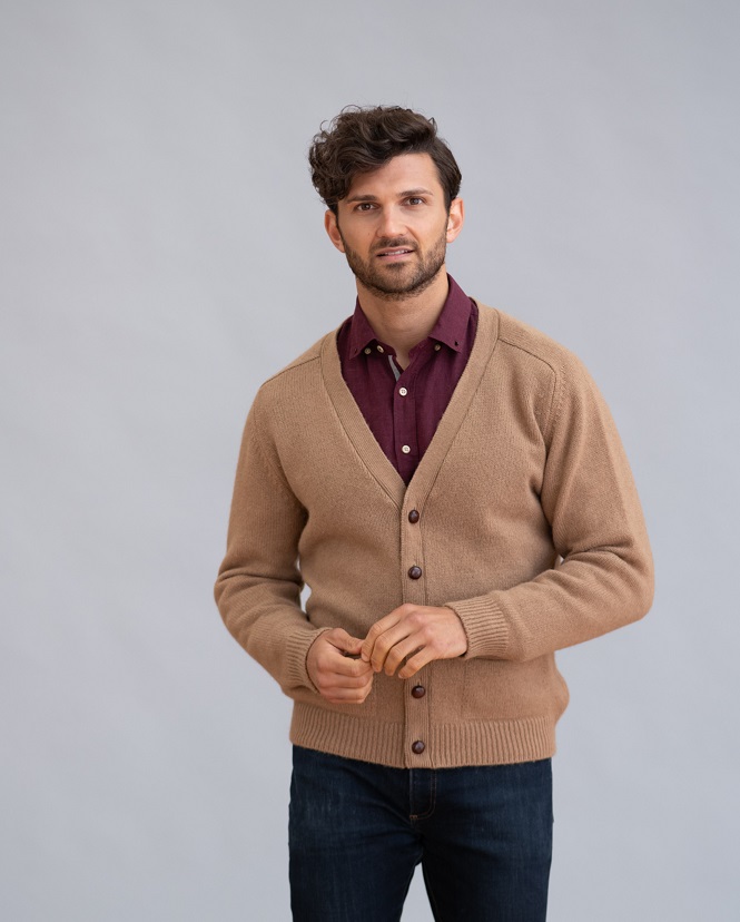 WINDSOR SHAWL COLLAR CARDIGAN with 2 pockets and real leather