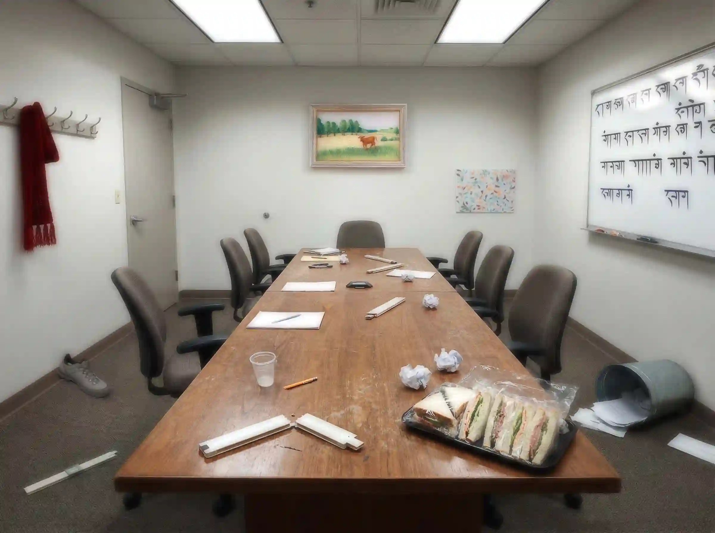 Messy meeting room aftermath.
