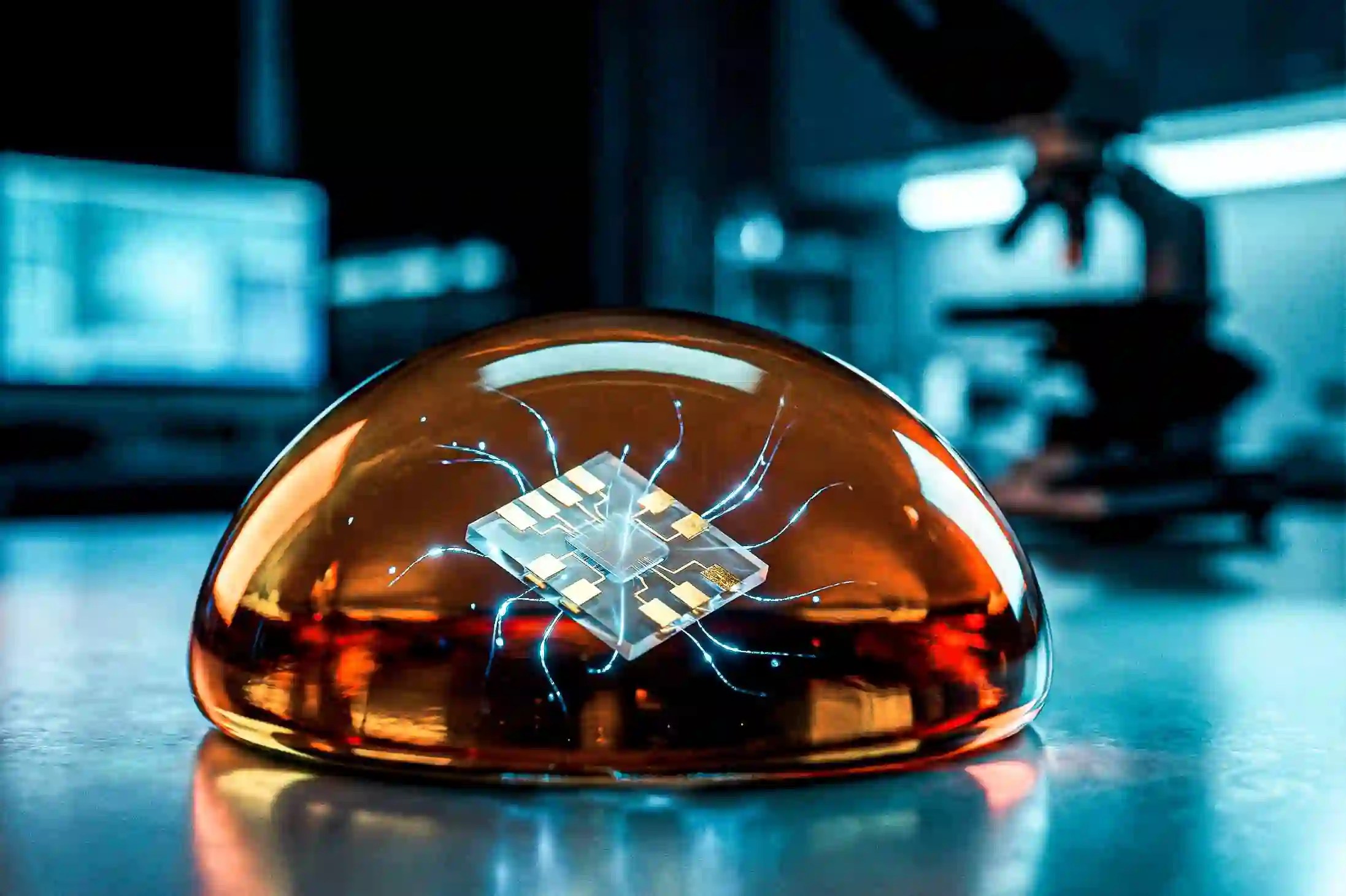 A translucent amber dome encases a glowing microchip, with blue energy lines radiating outward in a high-tech lab setting.