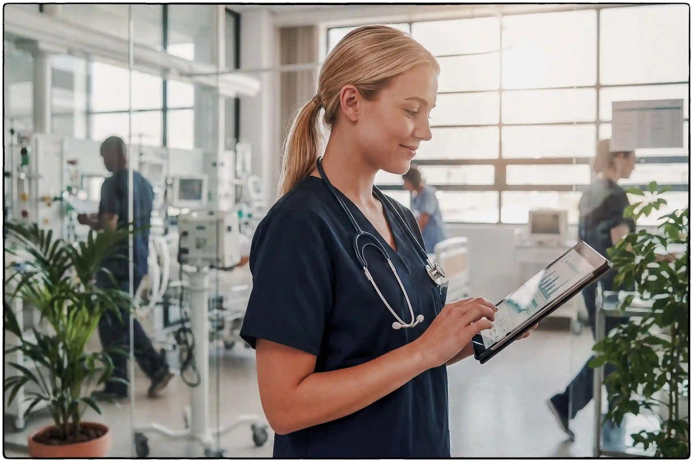 A smiling nurse in blue scrubs uses a tablet in a bright, modern hospital ward filled with morning light and green plants, illustrating the balance between digital tools and human presence.