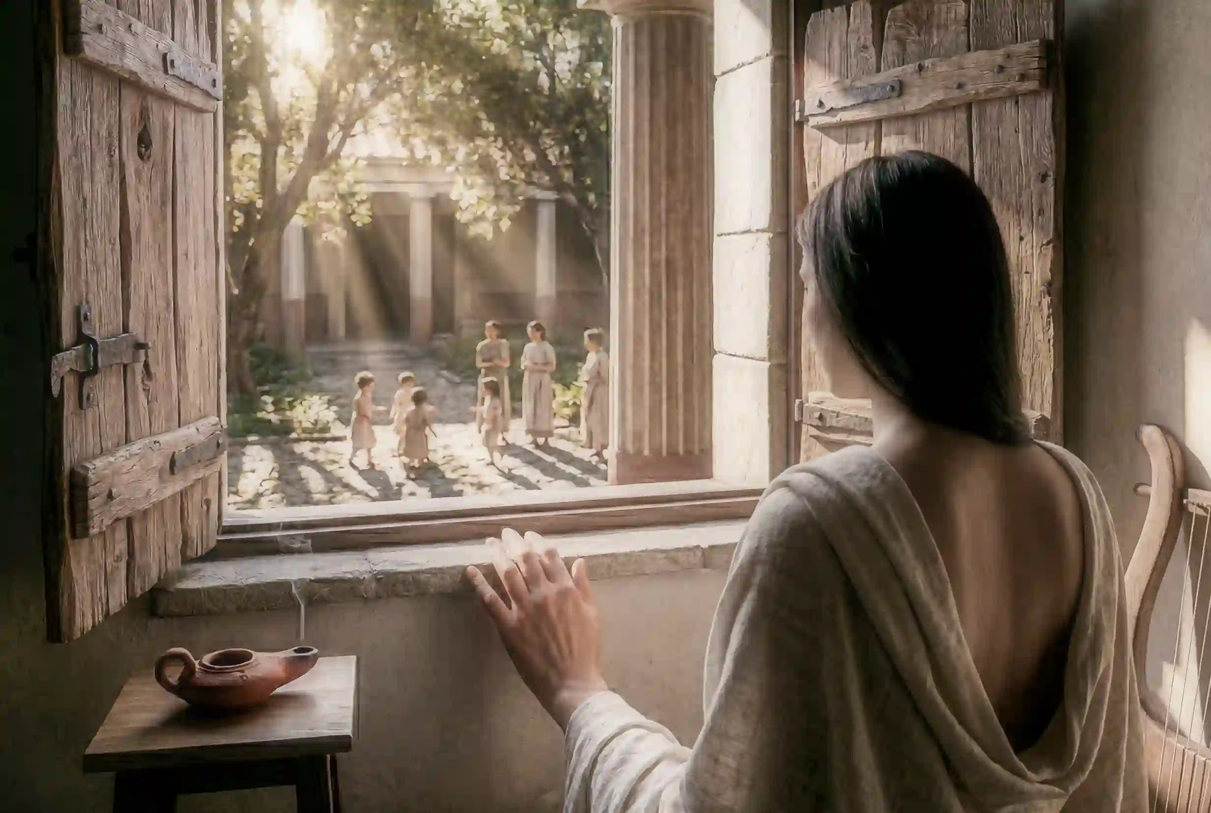 A woman in a simple linen robe stands in a sunlit, shadowed room, looking out an open, rustic window at children playing in a Roman courtyard garden.