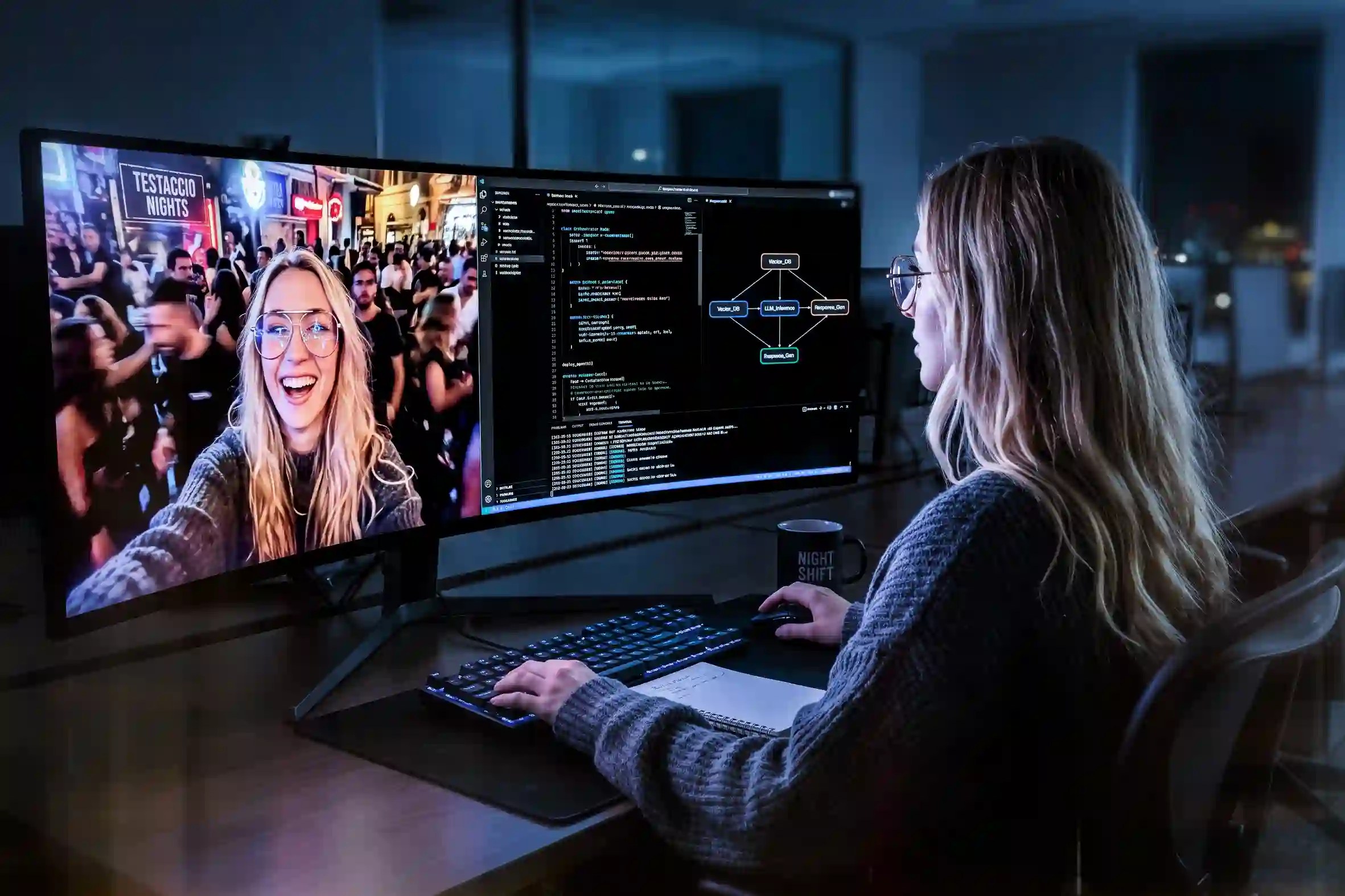 An IT worker in a dimly lit office stares at a wide monitor displaying a split screen: a chaotic, joyful selfie from a nightclub on the left, and complex coding infrastructure on the right.