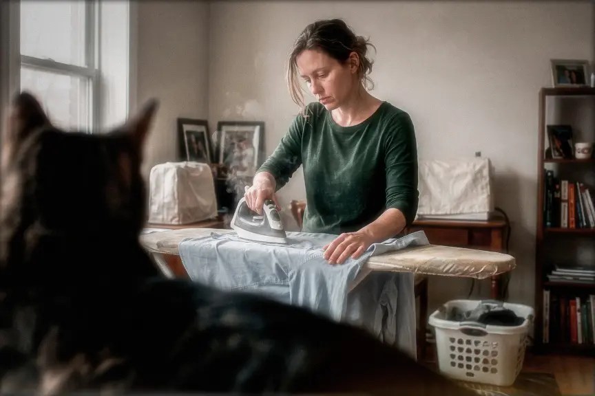 A woman with a tired, somber expression irons a blue shirt at an ironing board, seen from a low angle behind a cat seated in the foreground.