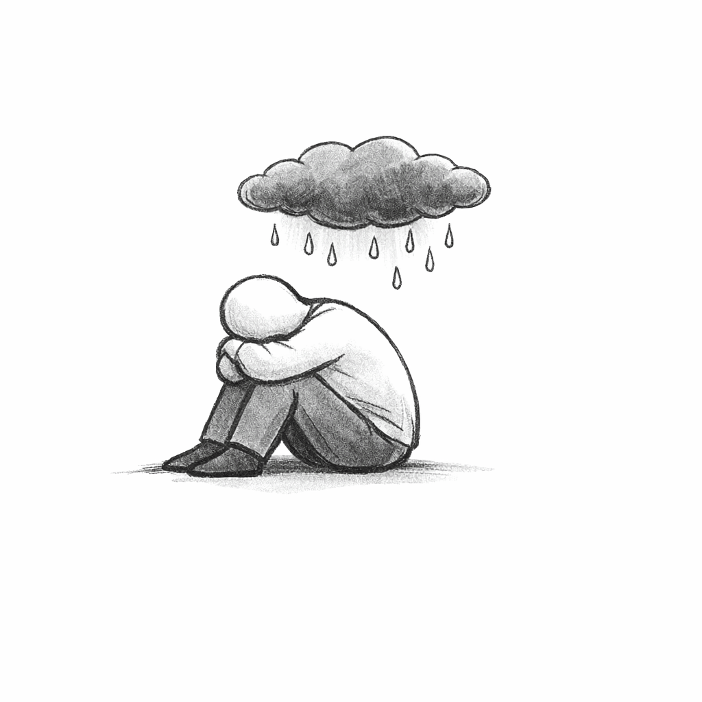A figure sitting on the ground with their knees hugged, under a dark cloud with rain falling, representing feelings of sadness or despair.