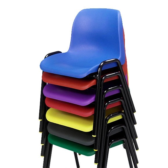 An image of Plastic Stacking Chairs. The polypropylene stacking chairs are in a variety of colours, all stacked on top of eachother - blue to red, purple and red to yellow black and green. The plastic chair shell is the Restall Seating System CGF shell design by robin day. Reg Des No 945712.