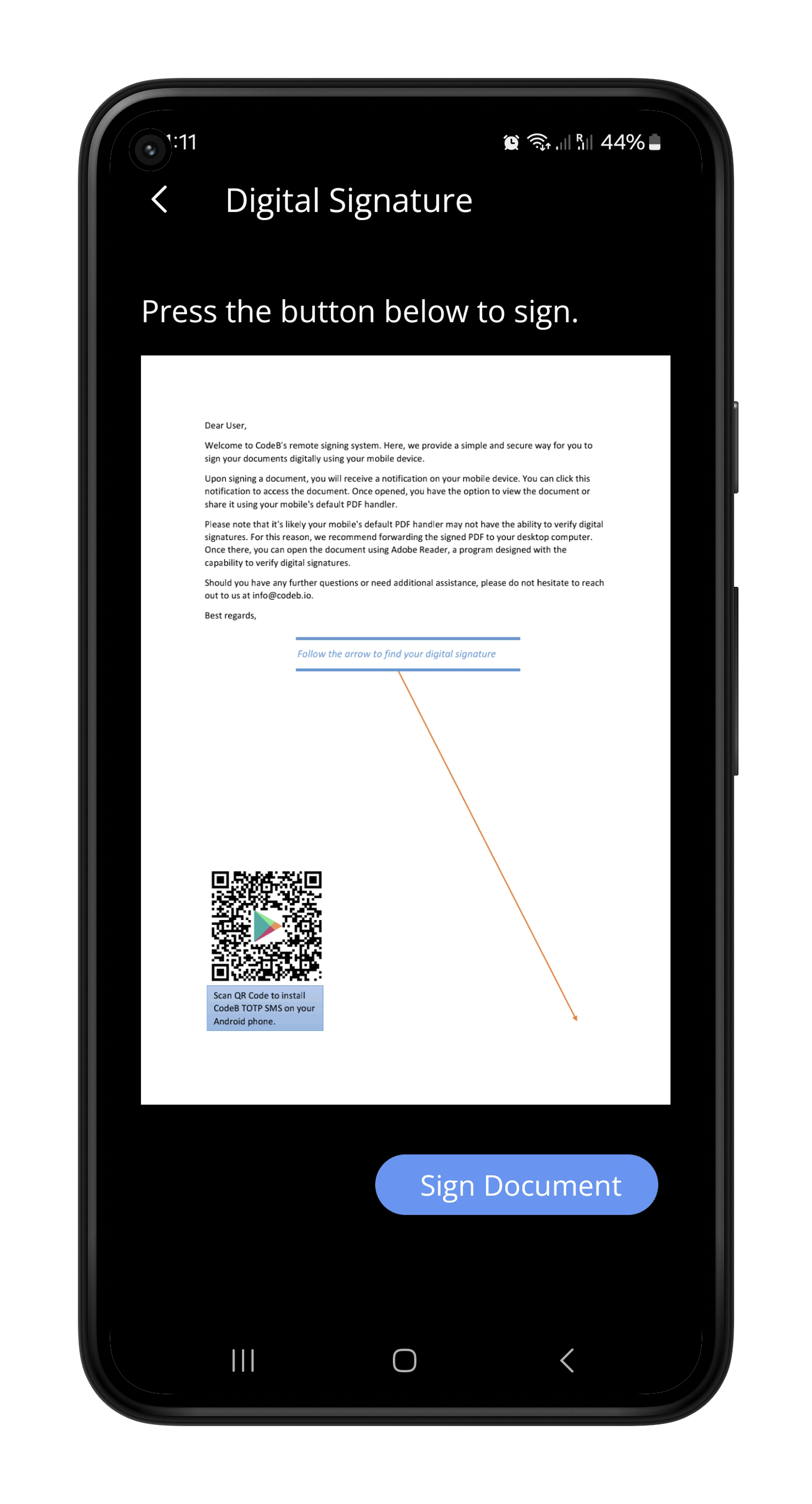 CodeB Authenticator Signature Screen