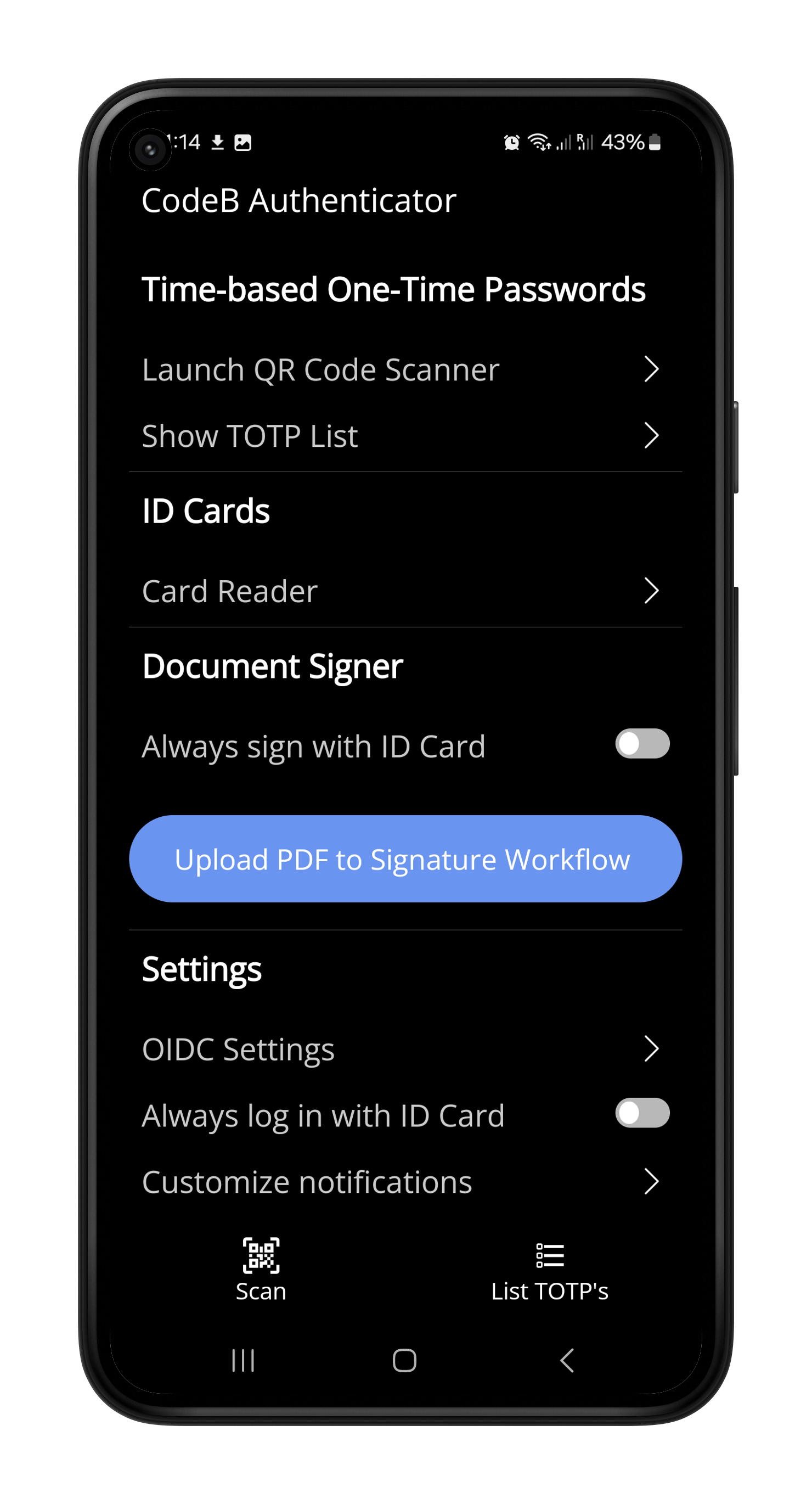 CodeB Authenticator Main Screen
