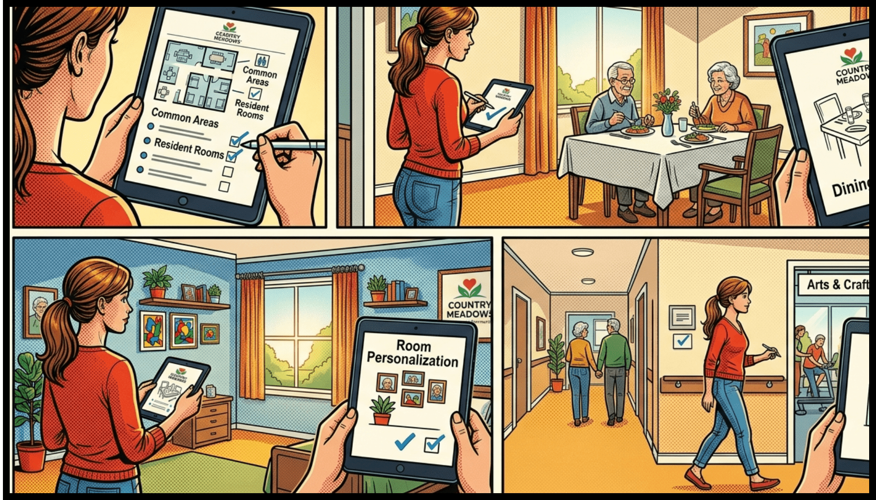 A daughter touring an assisted living community checking off items on her list,