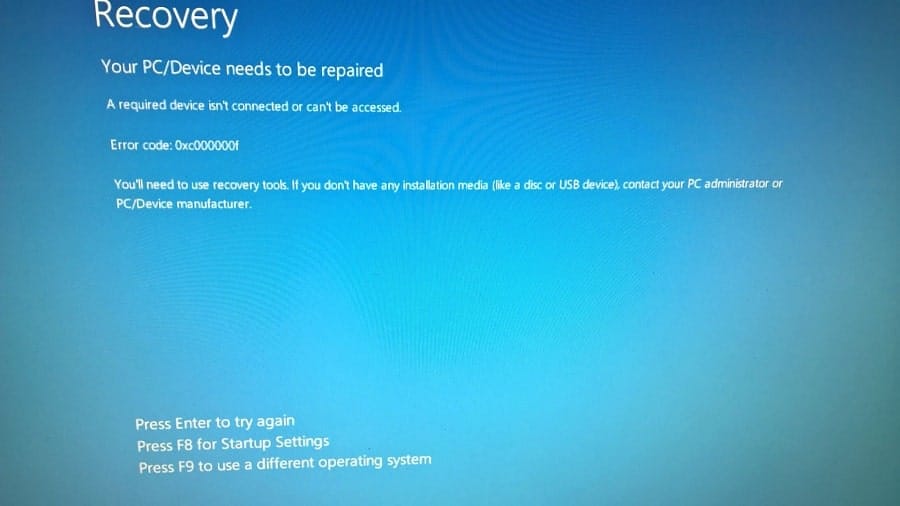 displays Recovery Error Code 0Xc00000F windows101tricks