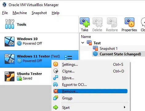 Opsi Klik Kanan Virtual Machine Remove Virtualbox