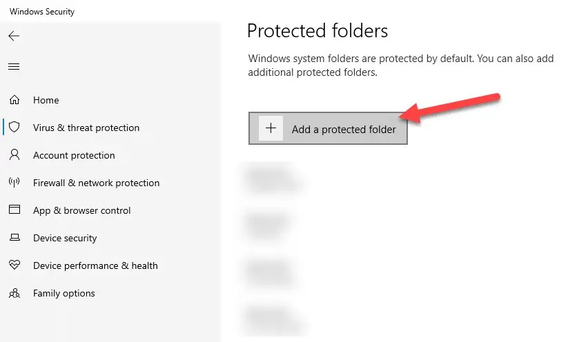Windows 10 ransomware protection - click add protected folder