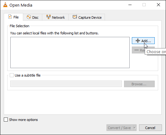 Convert m4b to mp3 click add button in vlc open media window Convert m4b to mp3 click add button in vlc open media window
