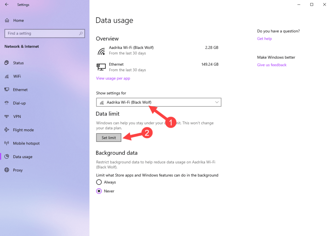 Win 10 metered connection - click set data limit button Win 10 metered connection - click set data limit button