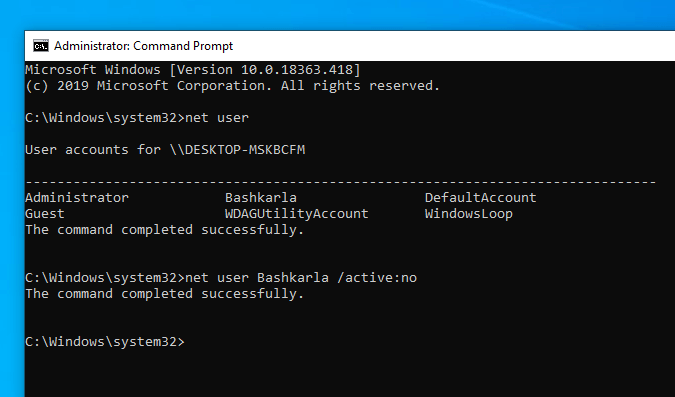 run command to disable user account using command prompt