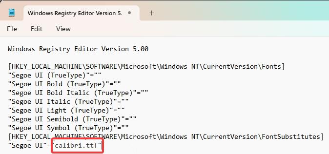 replace dummy font name with the actual font name in the registry script in notepad