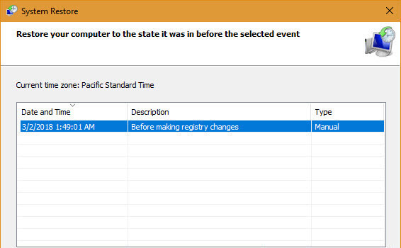 list of restore points in the system restore tool window