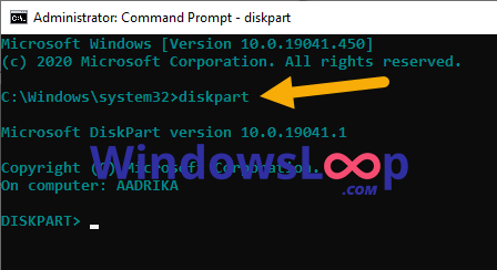 launch diskpart in Command Prompt