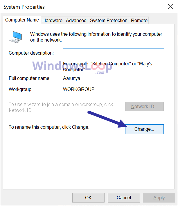 Click change button to modify workgroup name