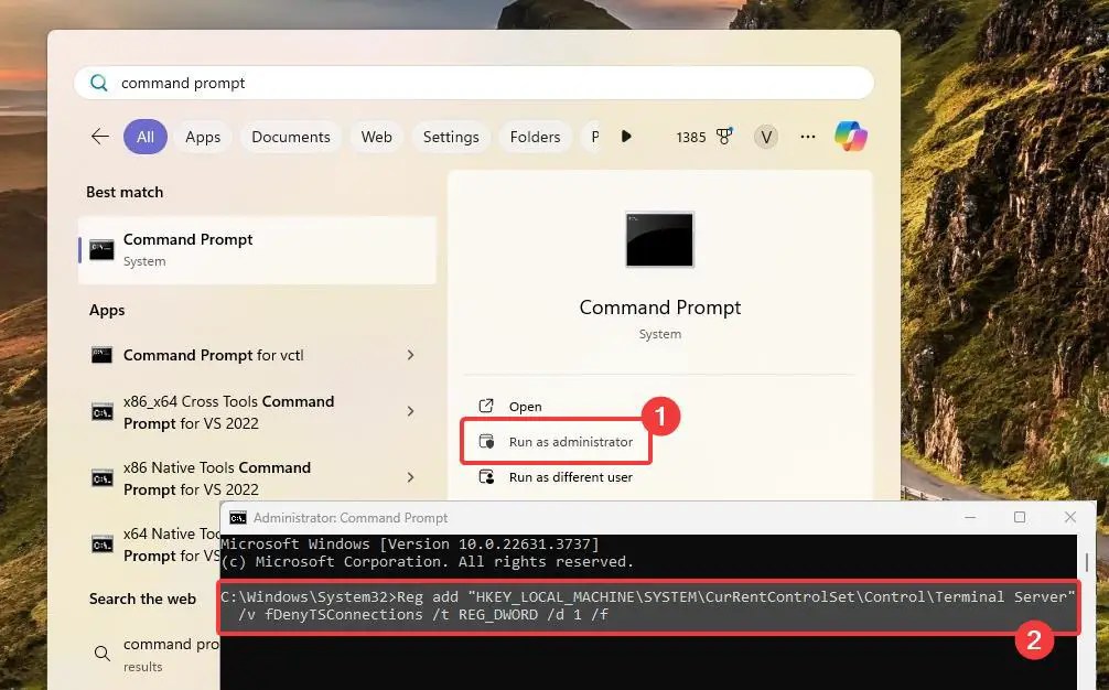 disable remote desktop using command prompt