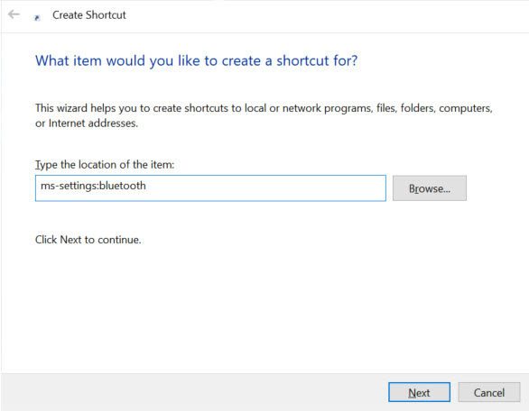 uri command to create desktop shortcut for specific settings page