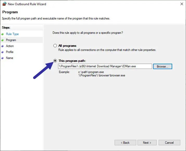 program path added to the firewall rule
