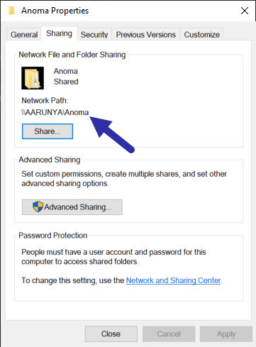 network path of the shared folder