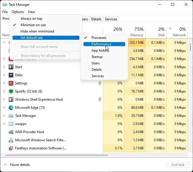 How to Change Default Tab in Task Manager