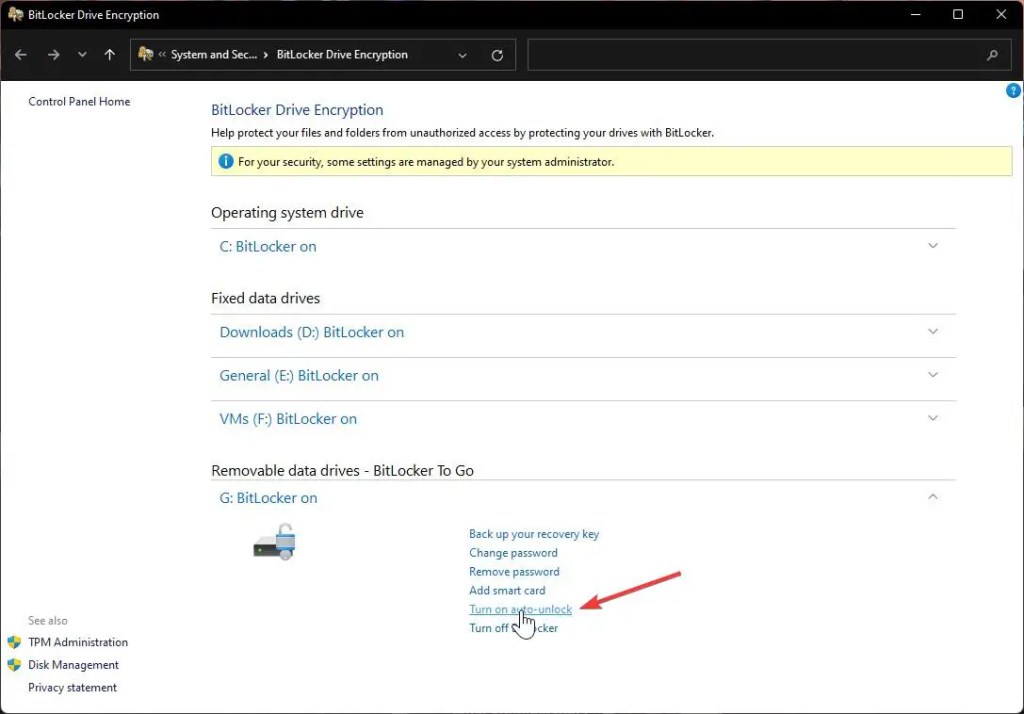 turn on auto unlock bitlocker drive option