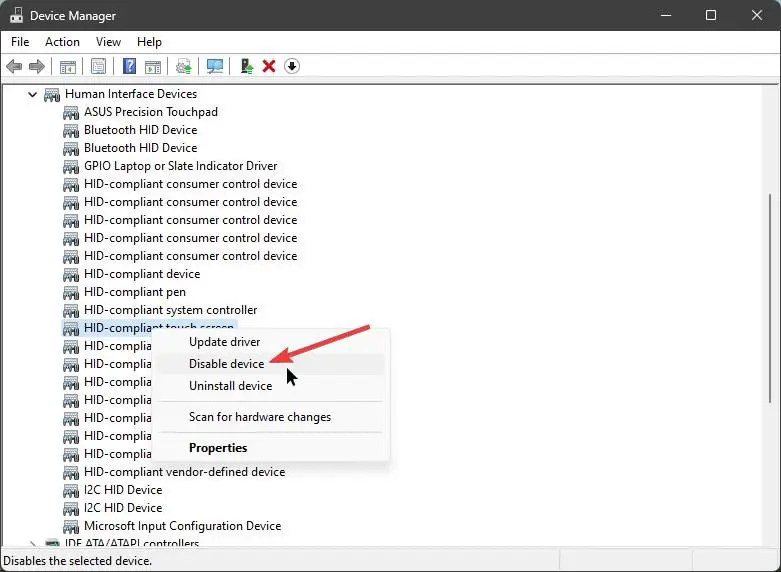 disable touchscreen in Windows using Device Manager