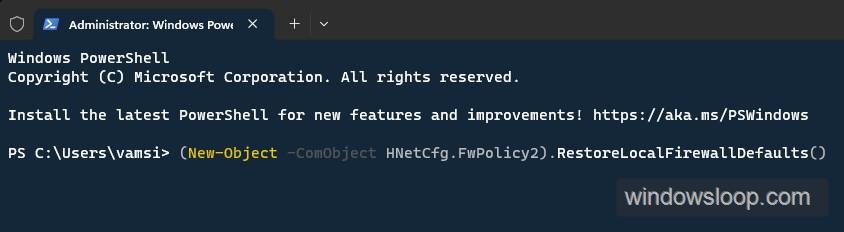 PowerShell command to reset Windows firewall